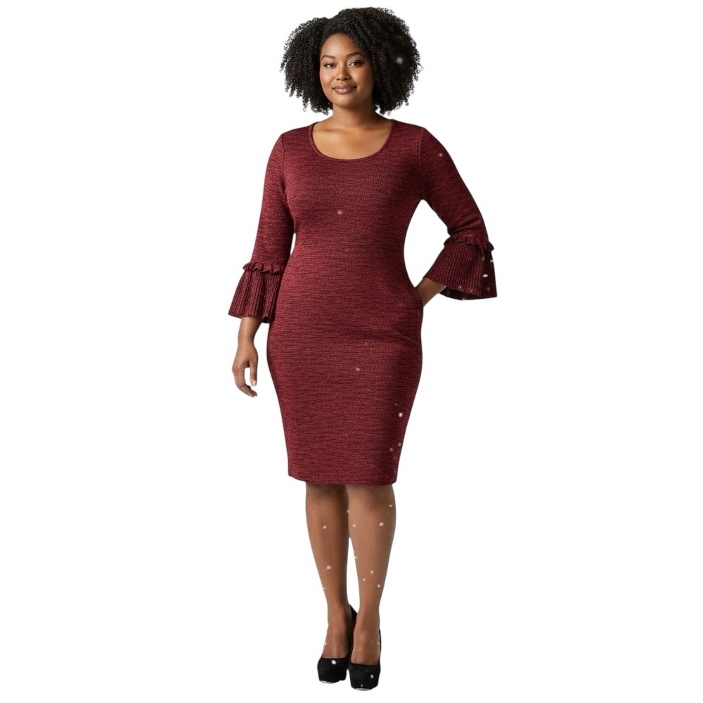 Nina Leonard NWT Wine Red Flare Sleeve Knit Dress Long Sleeve Textured Sheath XL